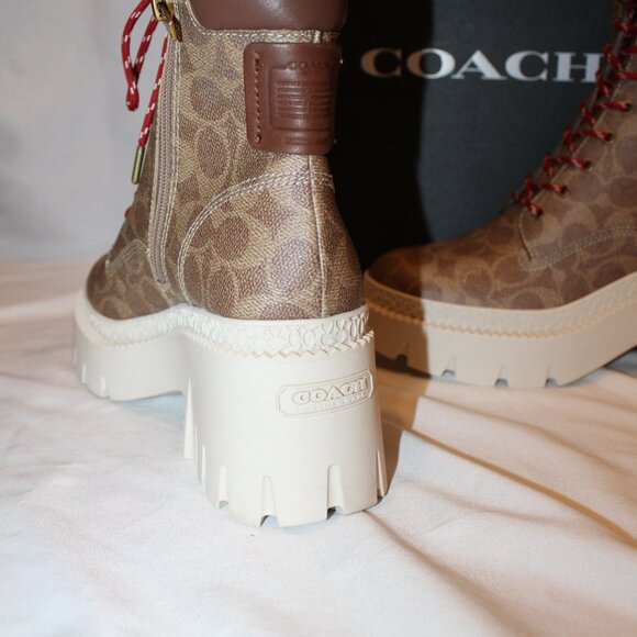 NIB WOMEN'S COACH AINSELY CANVAS COATED LOGO SIGNATURE PLATFORM BOOTIES TAN - Picture 4 of 7